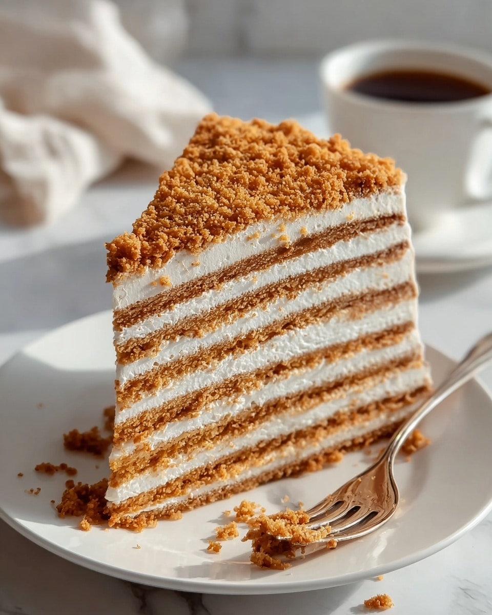 A tall slice of layered cake with eight thin layers of light brown crumbly cake alternating with seven thick layers of white cream filling, topped with a rough, golden-brown crumb coating. The cake sits on a white plate with a silver fork resting beside it, some crumbs scattered around. The background is a white marbled surface with soft natural light, and a white cup filled with dark liquid is blurred in the background. photo taken with an iphone --ar 4:5 --v 7