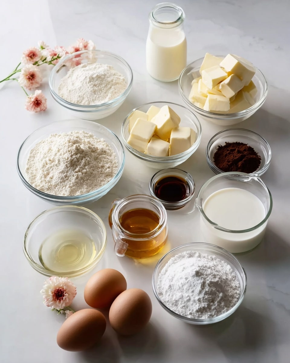 The image shows a white marbled surface with several clear glass bowls and a small jar arranged neatly. The bowls contain different baking ingredients: white flour, white sugar, white salt, smooth cream cheese, light yellow butter cubes, a few dark brown cocoa powder, a small bowl of transparent light yellow oil, thick white cream, brown vanilla extract, a bowl of white powdery baking soda or baking powder, and two brown eggs placed directly on the surface. There is also a small glass jar partly filled with white milk and a few delicate light pink flowers scattered around the bowls for decoration. Photo taken with an iphone --ar 4:5 --v 7