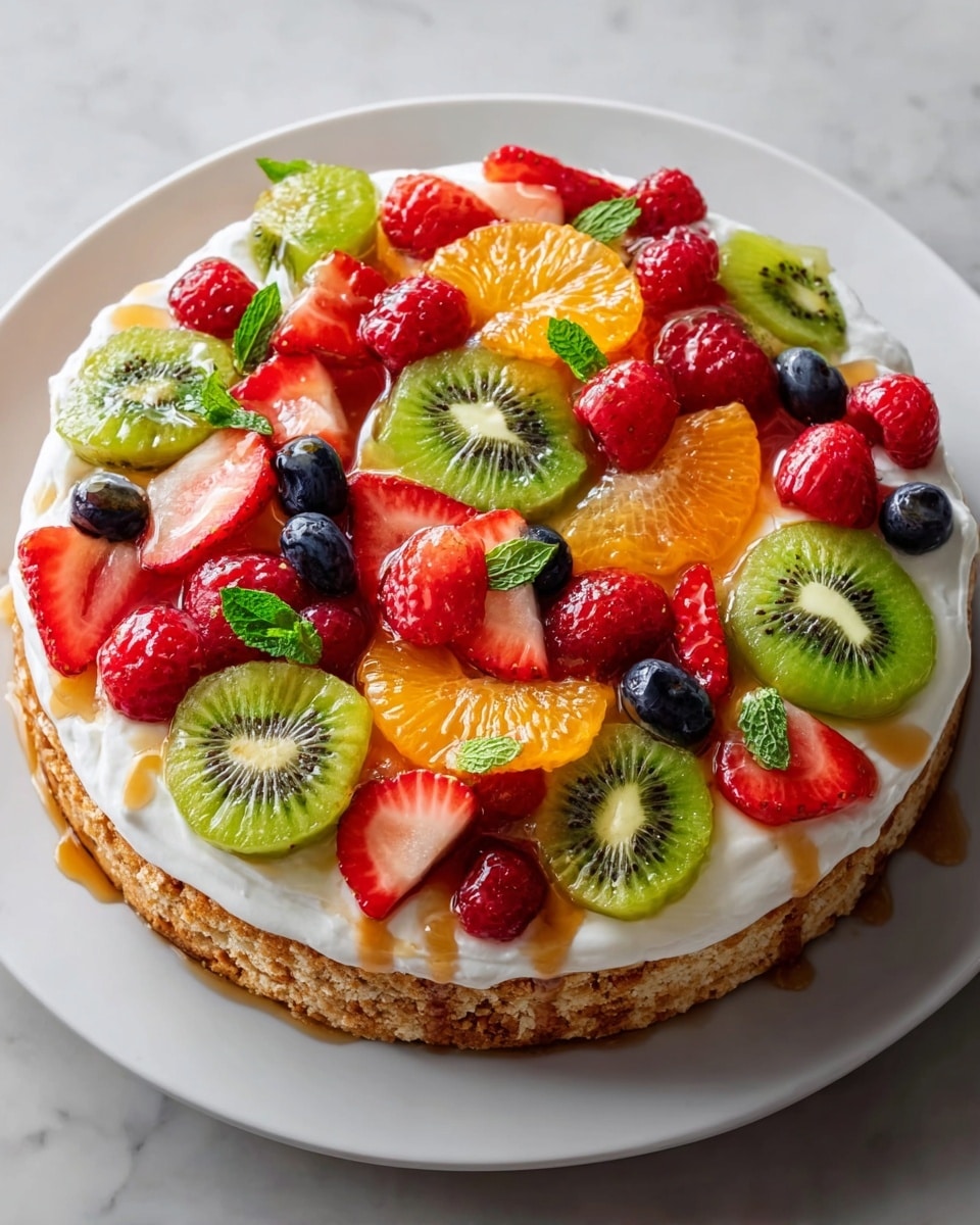 The image shows a round dessert on a white plate with three visible layers. The bottom layer is a golden-brown crust with a slightly rough texture. The middle layer is made of smooth white cream spread evenly over the crust. The top layer is full of fresh fruit slices and whole berries arranged in a colorful pattern: green kiwi rounds, bright orange segments, red strawberry slices, red raspberries, and small dark blueberries. Small green mint leaves are scattered on top for decoration, and there is a light drizzle of syrup over the fruit. All this is placed on a white marbled surface. photo taken with an iphone --ar 4:5 --v 7