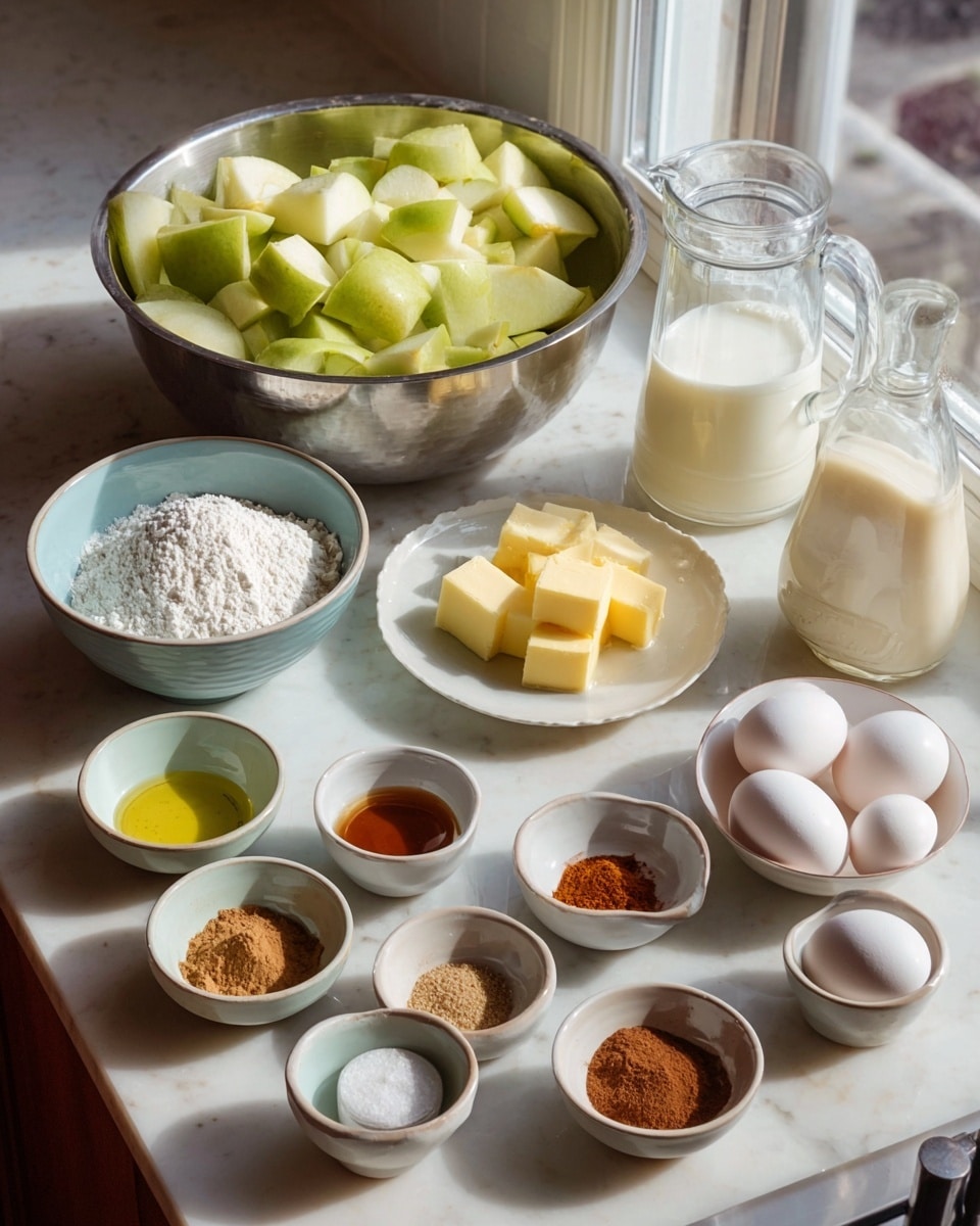 A collection of baking ingredients is laid out on a white marbled countertop near a window. In the center back, a large metal bowl is filled with large pieces of green apple. To its right, a clear glass pitcher holds milk and next to it is a small round white plate with cubed yellow butter. On the far right, five eggs—four white and one brown—are grouped together. In the front row, several small white bowls contain different spices including cinnamon and nutmeg, along with a small bowl of salt and another with a yellow liquid, likely oil. To the left, there is a white bowl filled with white flour and beside it a light blue bowl with brown sugar. Another small bowl holds vanilla extract. The scene is softly lit by natural light. Photo taken with an iphone --ar 4:5 --v 7
