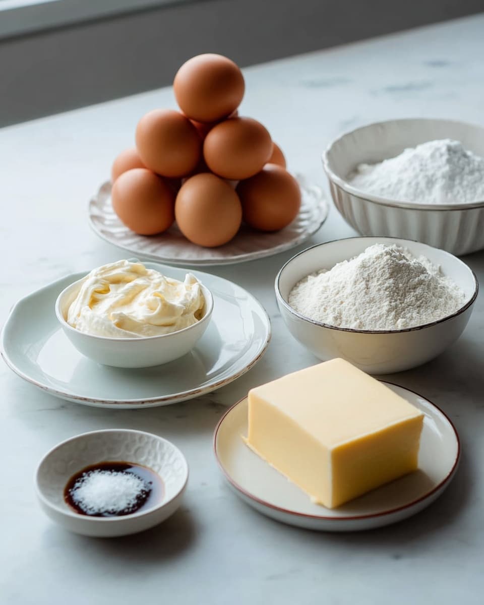 The image shows baking ingredients set on a white marbled surface. There is a cluster of five brown eggs stacked in a pyramid shape near the center. To the right of the eggs, two white bowls hold white granulated sugar and flour, each having a soft and powdery texture. In front of these bowls, a white plate holds a solid yellow block of butter. To the left, there is a white bowl filled with soft white cream cheese and a small round white dish with a drop of dark vanilla extract. In front of these is a shallow white dish with a small mound of fine white salt. The overall scene is softly lit by natural light from a window above. photo taken with an iphone --ar 4:5 --v 7