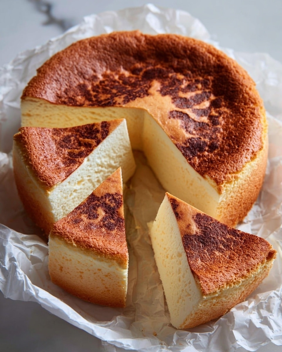 A round sponge cake with a deep golden brown top and light cream inside rests on crumpled white paper on a white marbled surface. The cake is divided into four uneven slices, showing a soft and fluffy texture with a slightly browned, fluffy edge around the base. The top surface has an uneven, slightly wrinkled look with darker brown spots. The whole cake is thick, about two inches tall. photo taken with an iphone --ar 4:5 --v 7