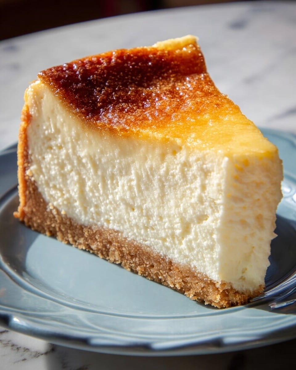 A close-up view of a single slice of cheesecake on a white plate with a scalloped edge, placed on a white marbled surface. The cheesecake has three layers: a thick, crumbly light brown crust at the bottom; a thick, creamy off-white filling with a smooth but slightly textured surface in the middle; and a thin, golden-brown caramelized top layer with a slightly shiny, uneven finish. The slice is slightly angled, showing the height and texture of each layer clearly. Photo taken with an iphone --ar 4:5 --v 7