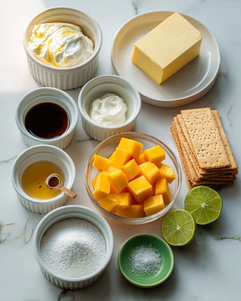 The image shows several white ramekins and bowls arranged on a white marbled surface. In the center is a clear bowl full of bright orange cubed mango. Surrounding it are small white ramekins holding cream, honey, and dark vanilla extract. A white ramekin contains powdered sugar, while a green ramekin is filled with stacked rectangular crackers. A white plate holds a block of yellow butter, and a green dish contains some salt. Two lime halves with green skin and juicy inside are placed near the center. The light is soft, casting gentle shadows, making the ingredients look fresh and ready to use. photo taken with an iphone --ar 4:5 --v 7
