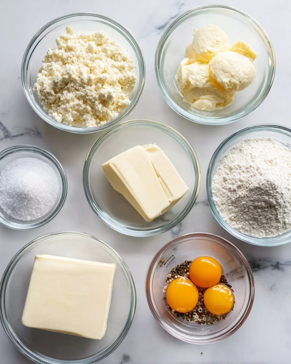 The image shows seven clear glass bowls arranged neatly on a white marbled surface. The top row has three bowls: the left one filled with a crumbly white mixture, the middle one with a pale yellow block of butter, and the right one with a mound of white powder. Below these, there are four more bowls: the leftmost contains a small amount of white granulated salt, next to it is a larger bowl with a smooth cream cheese block, to the right is a bowl with two raw eggs with bright orange yolks, and the last bowl at the bottom right holds a mix of black and white pepper. All bowls present clear layers of different textured ingredients. Photo taken with an iphone --ar 4:5 --v 7