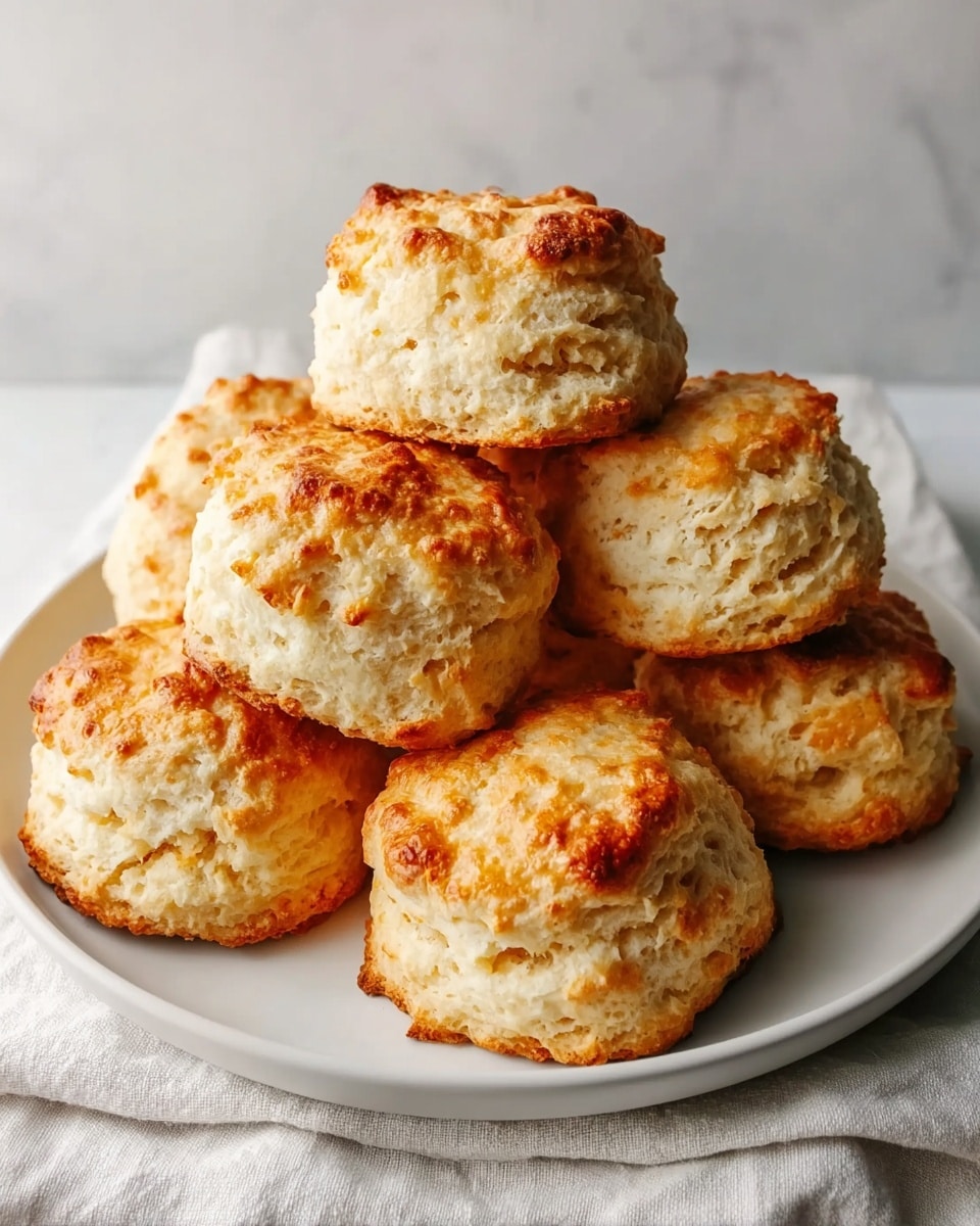 The image shows a white round plate with seven golden-brown baked scones stacked mostly on top of each other. Each scone has a rough, crumbly texture with uneven edges and small browned spots on the surface, giving a homemade look. The plate sits on a soft white cloth on a white marbled surface, creating a clean and simple background. photo taken with an iphone --ar 4:5 --v 7