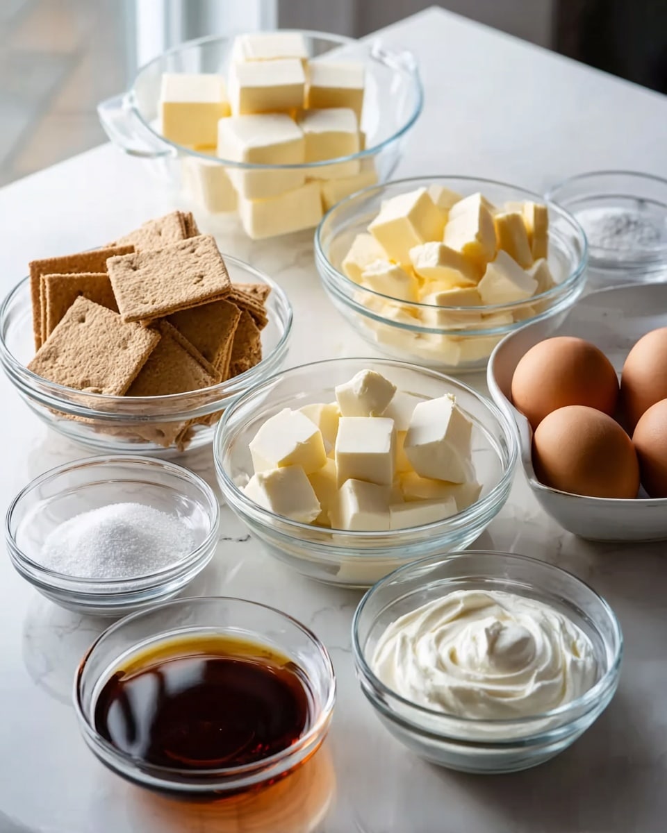 The image shows a white marbled surface with several clear glass bowls arranged in a semi-circle, each containing different baking ingredients. Starting from the front left, there is a small bowl with dark amber vanilla extract, next to it a small bowl of white salt. Behind, to the left, a medium bowl filled with square graham crackers, and two bowls contain cream cheese, one of which is cut into cubes. Next is a larger bowl filled with cubed yellow butter, and behind it, another bowl has softened stick butter shapes. On the right side, a medium bowl holds four brown eggs, with a smaller bowl of white sour cream in front of it. The soft natural light gives a fresh kitchen feeling. photo taken with an iphone --ar 4:5 --v 7