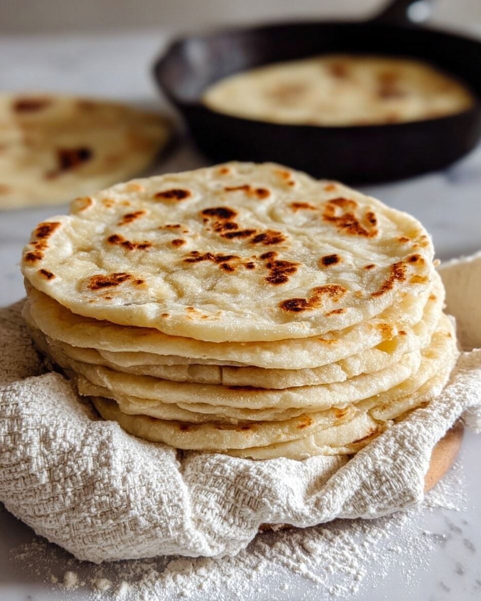 A stack of seven round flatbreads with a light golden color and scattered darker brown spots on top shows a soft, slightly uneven texture. The flatbreads are piled on a white cloth with a rough weave, resting on a white marbled surface with some loose flour around. In the background, there is a black cast iron pan with another flatbread inside it, slightly out of focus. The overall scene looks warm and fresh. photo taken with an iphone --ar 4:5 --v 7
