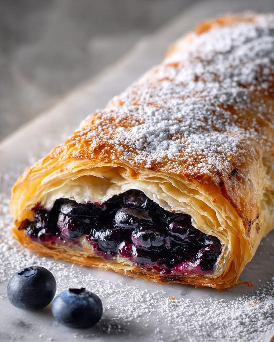 A golden brown flaky pastry layer filled with a dark purple glossy blueberry filling sits on a white marbled surface with powdered sugar sprinkled all over it and some spilled blueberries beside. The pastry shows crisp, airy layers on the edges, while the inner blueberry layer is thick with whole berries and syrup shining through. The top pastry is dusted heavily with white powdered sugar giving a soft texture contrast to the shiny fruit filling and crispy pastry. Photo taken with an iphone --ar 4:5 --v 7