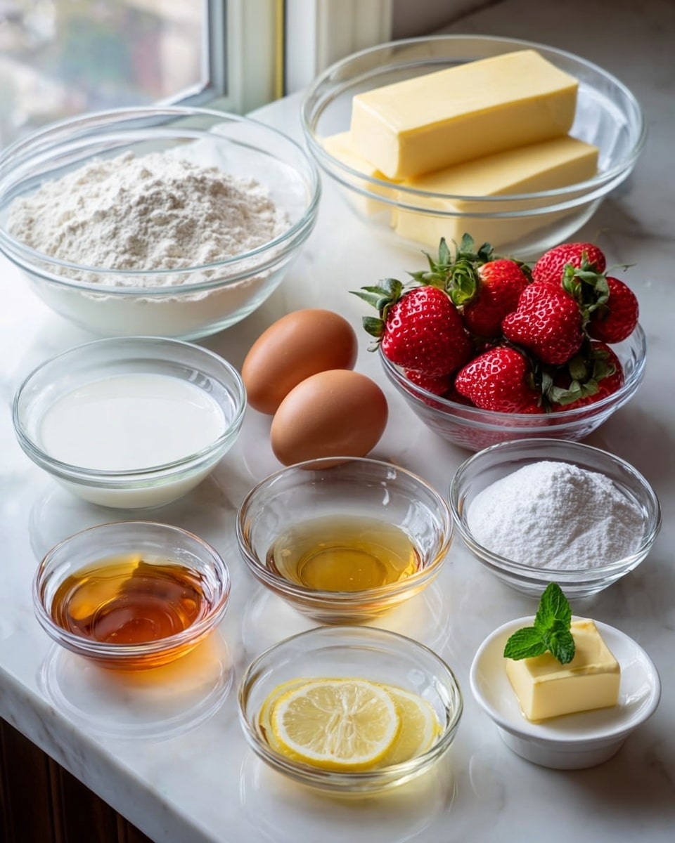 A collection of clear glass bowls and one small white bowl arranged on a white marbled counter near a window, showing baking ingredients. Starting from the back left, there is a bowl full of white flour, beside it a bowl of milk, and next to that a bowl holding two blocks of light yellow butter. To the right, a bowl contains fresh red strawberries with green leaves. In the front row, from left to right, are three brown eggs in a small glass bowl, a bowl of white granulated sugar, a bowl of honey with a golden amber color, a bowl filled with white powdered sugar topped with a small green mint leaf, a small white bowl with a square of light yellow butter, and a bowl with clear liquid and two lemon slices floating inside. The light is soft and natural, coming from the window, highlighting the colors and textures. Photo taken with an iphone --ar 4:5 --v 7