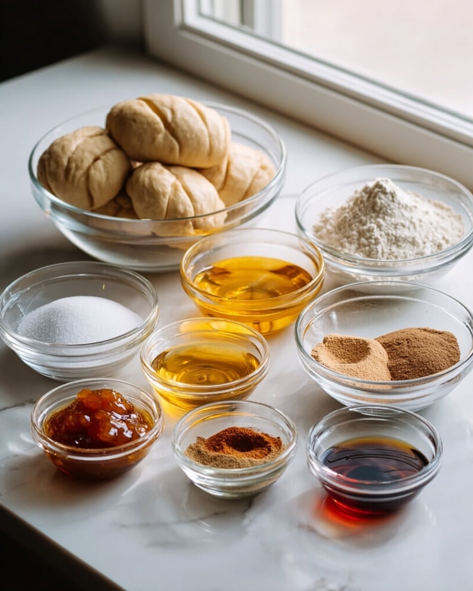 Nine clear glass bowls sit on a white marbled surface near a window; the largest bowl in the back left holds five beige dough rolls with visible folds. To its right is a medium clear bowl filled with a golden yellow liquid. Next to it on the far right, another medium clear bowl contains a mound of white flour. In front of these are smaller clear bowls, from left to right: white granulated sugar, a thick amber-colored fruit jam, light brown powdered spice, dark brown powdered spice, a reddish-brown powdered spice, and a small bowl of dark amber liquid. The scene is softly lit with natural light, highlighting the smooth textures and earthy colors of each ingredient. Photo taken with an iphone --ar 4:5 --v 7