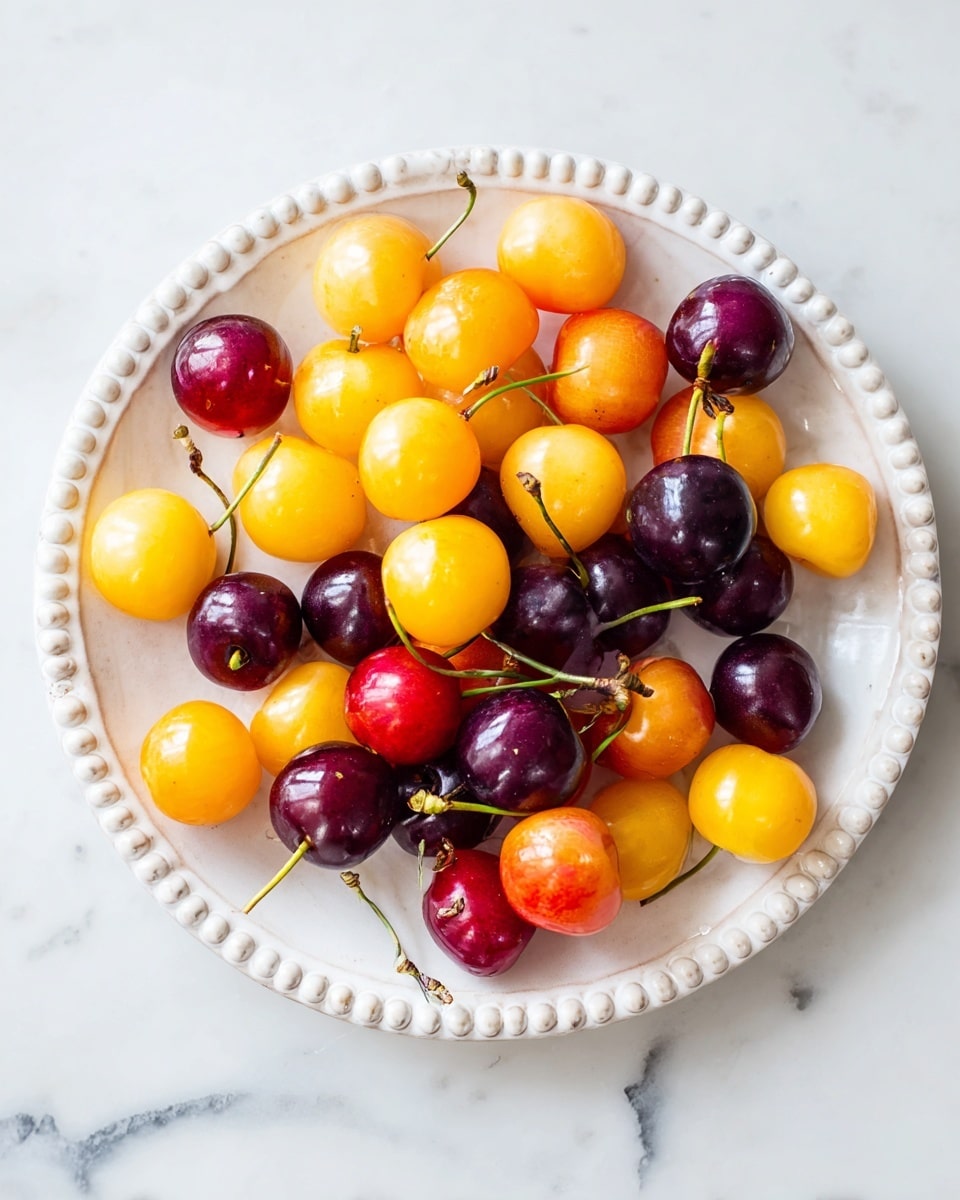 A white ceramic plate with small round balls around its edge holds a mix of cherries. The cherries come in three colors: bright yellow, dark purple, and red with yellow-orange tones. They show their smooth, shiny skins and small green stems, loosely gathered in the plate's center. The white marbled surface under the plate adds a soft and clean look to the scene. Photo taken with an iphone --ar 4:5 --v 7