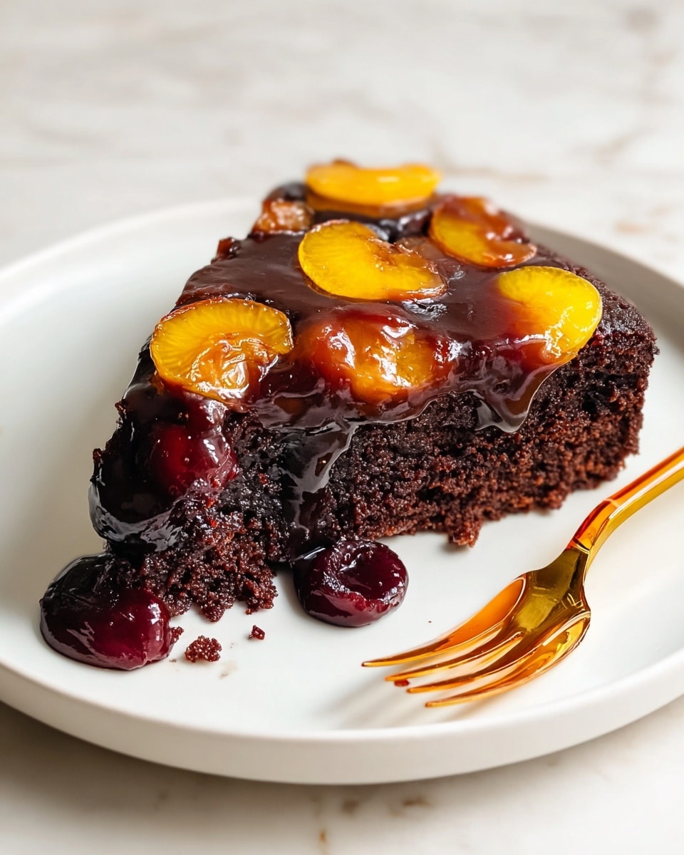 A single slice of dark chocolate cake sits on a white plate, topped with a shiny layer of mixed fruit glaze featuring glossy yellow and orange fruit slices mostly on one side, with a rich dark purple fruit sauce covering part of the top and slowly dripping down the side. The cake looks moist with a crumbly texture, and the plate is set on a white marbled surface. A gold fork with a transparent amber handle leans casually beside the cake. Photo taken with an iphone --ar 4:5 --v 7