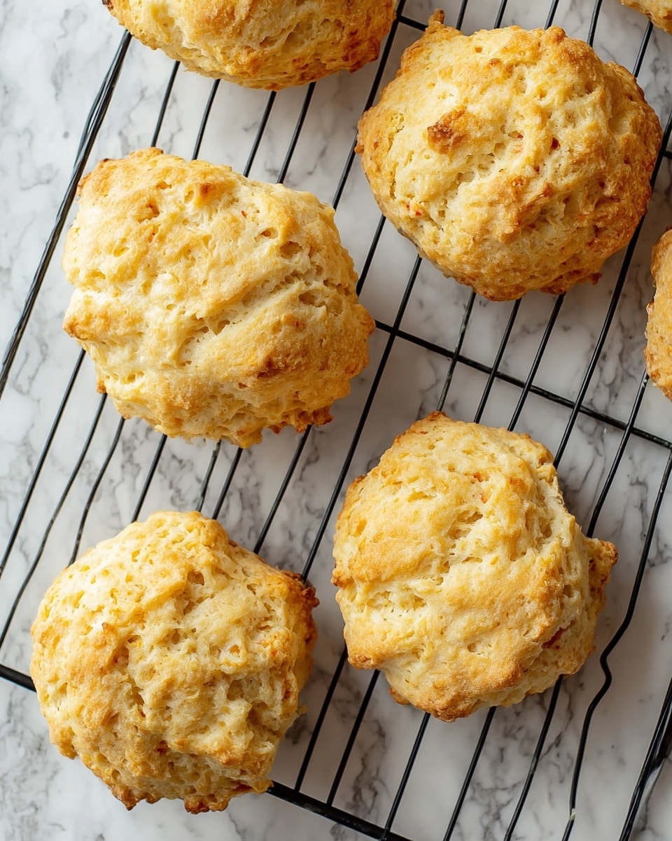 The image shows six golden-brown drop biscuits cooling on a black wire rack placed over a white marbled surface. Each biscuit has a rough, uneven texture with a slightly crisp top and soft, crumbly edges. The biscuits are irregularly shaped, with a light golden color mixed with paler creamy spots, showing their fluffy interior. The background’s white marble pattern adds a clean, bright look to the scene. Photo taken with an iphone --ar 4:5 --v 7