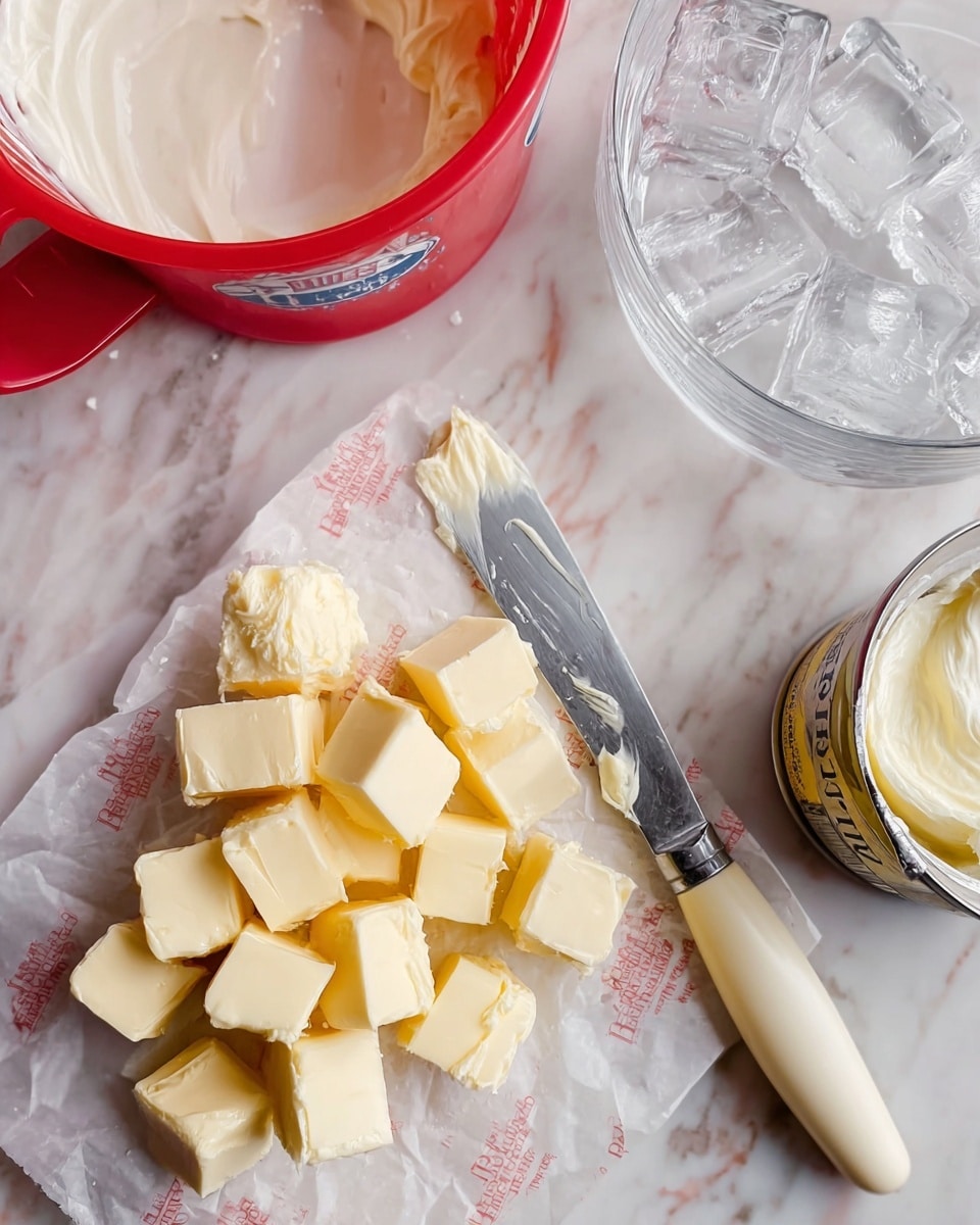 The image shows a close-up of butter cut into small square pieces on white wax paper with faint red text, placed on a white marbled surface. Next to the butter is a metal butter knife with a cream-colored handle, showing some butter on the blade. In the top part of the image, there is a red measuring cup filled with thick white cream. On the right side, part of a glass measuring cup with water and several ice cubes is visible, alongside a partially visible can with light yellow content inside. photo taken with an iphone --ar 4:5 --v 7