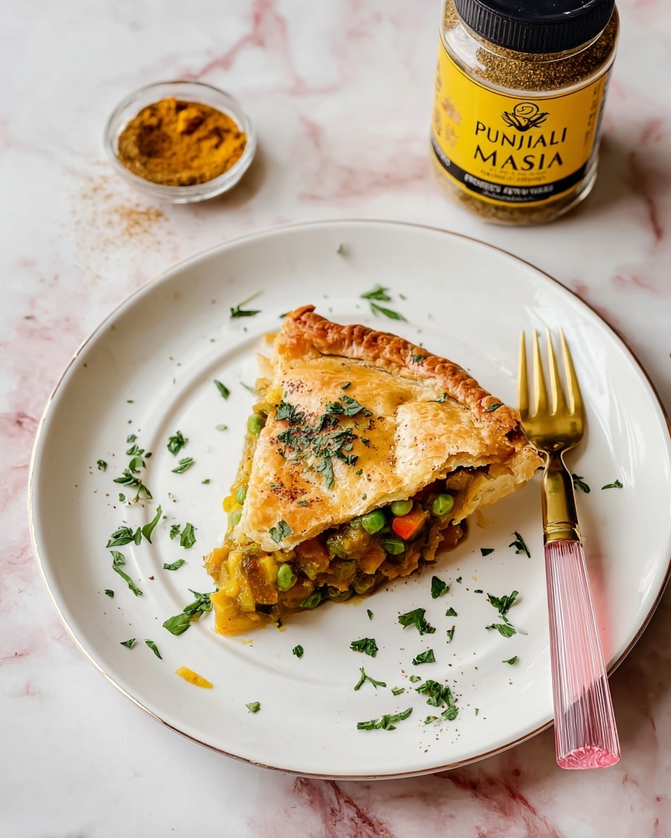 A white decorative plate with a single triangular slice of golden brown savory pie on it, the top crust slightly crispy and flaky. Inside the pie are visible layers of cooked mixed vegetables including green peas and orange pieces, with a thick, yellowish filling. The slice is lightly sprinkled with fresh chopped green herbs on top. A golden fork with a translucent pink handle rests on the plate’s right side, pointing inward toward the pie. The plate is set on a white marbled surface, next to a yellow spice jar labeled