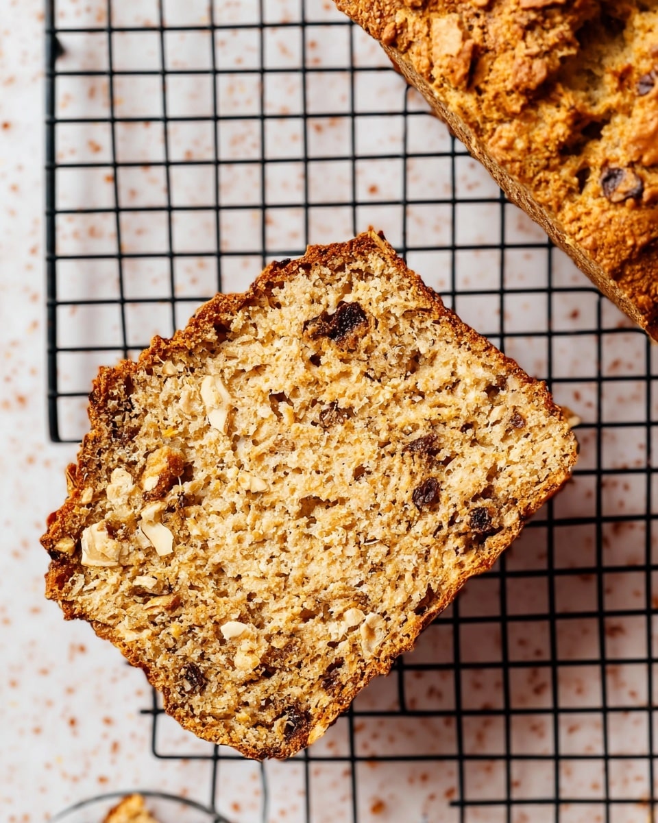 The image shows a close-up of a slice of oat bread resting on a black cooling rack over a white marbled surface. The bread slice has an uneven shape with a rough texture and visible oats and nut pieces embedded throughout. It has a golden brown color with darker toasted spots scattered, especially near the edges. In the top right corner of the image, part of the rest of the loaf is visible, showing a cracked and textured golden crust. The overall look is rustic and hearty, with the cooling rack creating a grid pattern below the bread. Photo taken with an iphone --ar 4:5 --v 7