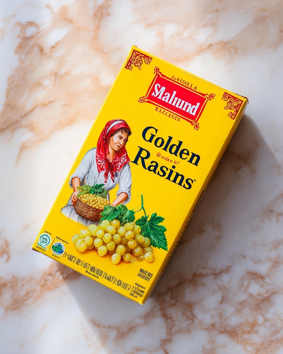 A bright yellow Sun-Maid box of California Golden Raisins lies diagonally on a soft white marbled surface. The box features a red square near the top with an illustration of a woman wearing a red bonnet and white shirt, holding a basket of green grapes. Below that, bold white text reads