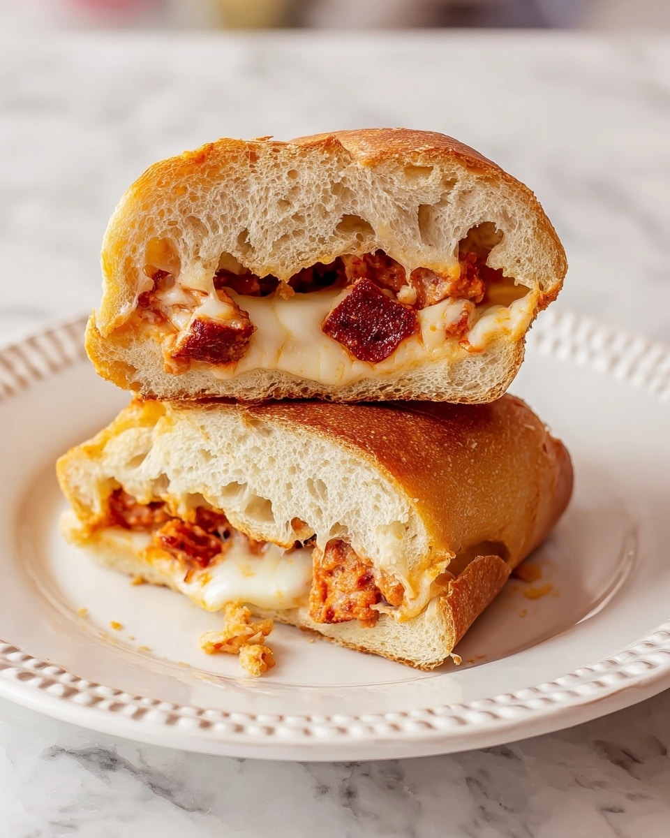 The image shows two halves of a sandwich stacked on top of each other on a white plate with a decorative edge, placed on a white marbled surface. Each half has a golden-brown crusty bread exterior with a soft, airy inside. Inside the bread, there are chunks of reddish cooked meat mixed with melted white cheese that looks hot and stretchy, filling the center of each half. Some small crumbs of bread are scattered on the plate around the sandwich. Photo taken with an iphone --ar 4:5 --v 7