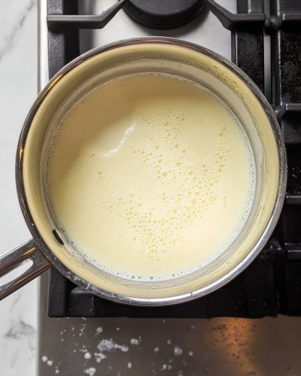 A shiny metal pot filled with a pale yellow liquid, slightly frothy on top, sitting on a black gas stove with metal burners. The liquid fills the pot up to just below the 1.0 QT measurement mark shown on the inside. The textured bubbles on the liquid surface give it a smooth, creamy look, and the pot’s inner walls have light droplets of condensation. The pot's handle extends out of the frame, and the stovetop beneath has small scattered crumbs and spots. The whole scene is set against a white marbled texture. photo taken with an iphone --ar 4:5 --v 7