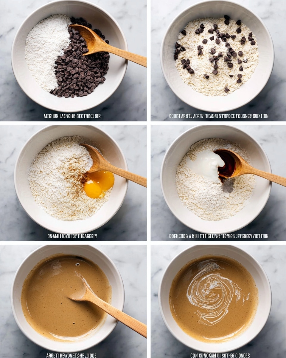 A set of six images shows the step-by-step mixing of ingredients in a white bowl placed on a white marbled surface. The first image shows dry ingredients: white flour and dark brown chocolate chips in two distinct halves in the bowl, with a light wooden spoon resting on top. The second image shows the dry ingredients and chips mixed together, creating a mostly white mixture with small dark spots. The third image presents wet ingredients, including light brown brown sugar, a raw egg with a yellow yolk, white sour cream, and dark vanilla extract, all placed separately in the bowl with the spoon. The fourth image shows these wet ingredients combined into a smooth, light brown batter covering the bottom of the white bowl. The fifth image shows the wet batter poured over the dry mixture in the bowl, with the spoon partially submerged in the mixture. The last image shows the combination being gently stirred, with visible streaks of both dry white flour and wet light brown batter swirling together inside the bowl. Photo taken with an iphone --ar 4:5 --v 7