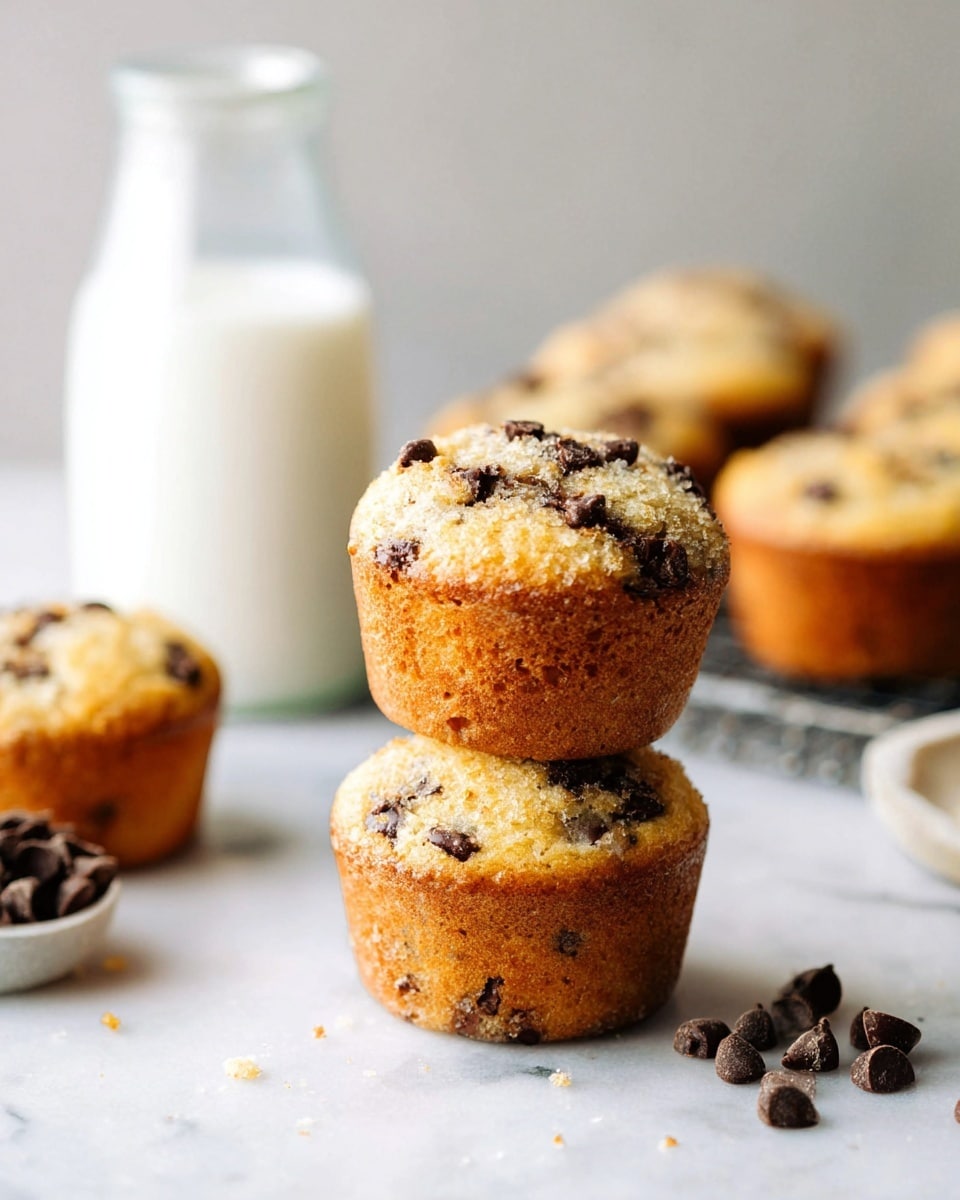 Two chocolate chip muffins are stacked one on top of the other in the center of the image, showing a golden brown crust with small dark chocolate chips spread throughout. Around them, there are more muffins on a white marbled surface, with their textured tops slightly crumbly. Scattered chocolate chips dot the surface near the muffins, adding contrast. To the left, there is a clear glass bottle filled with white milk. The background is softly blurred, keeping the focus on the muffins in the front. The whole scene is lit with soft natural light, showing warm and inviting colors. photo taken with an iphone --ar 4:5 --v 7
