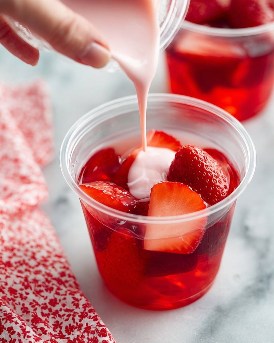 The image shows a clear plastic cup filled with bright red jelly and several large slices of fresh strawberries inside the jelly. On top, a pink creamy liquid is being poured into the cup by a woman's hand, creating a smooth swirl over the strawberries and jelly. The cup is placed on a white marbled surface and there is a second cup with red jelly and strawberries blurred in the background. A red and white patterned cloth is partially visible in the lower left corner. Photo taken with an iphone --ar 4:5 --v 7