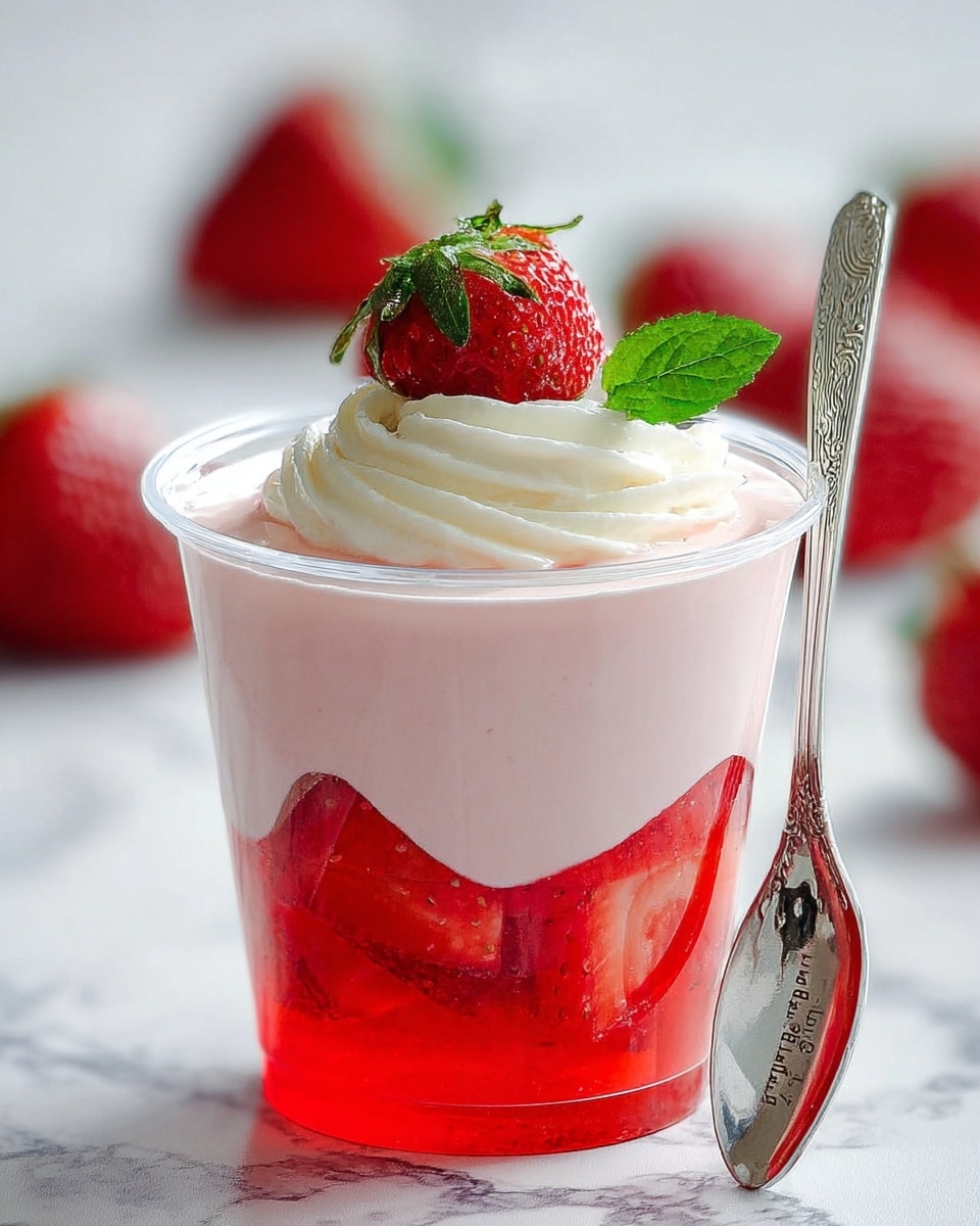 The image shows a clear plastic cup with three layers: the bottom layer is bright red jelly with pieces of strawberry inside, the middle layer is a smooth light pink creamy mousse slightly slanted, and the top layer is a small swirl of white whipped cream. On top of the whipped cream there is a whole red strawberry and a small green mint leaf. A silver spoon with engravings is leaning on the right side of the cup. The background is a white marbled surface with blurred strawberries in the distance. Photo taken with an iphone --ar 4:5 --v 7