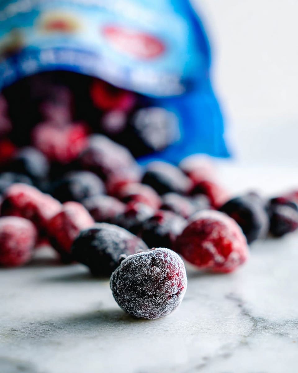 The image shows frozen mixed berries spilled out from a blue and white bag onto a white marbled surface. The berries are mostly dark purple-black with some reddish ones mixed in, covered in a frosty layer that creates a textured look. One berry is in sharp focus in the front center, while the others are slightly blurred behind it. The background is softly blurred, showing hints of a bag with blue and blurry text and images. Bright natural light falls on the berries and the surface, creating clear contrasts and shadows. Photo taken with an iphone --ar 4:5 --v 7