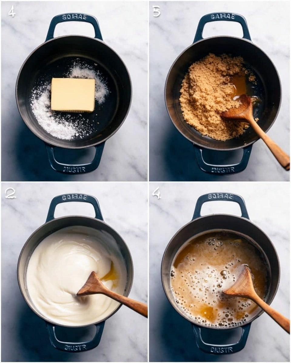 The four-image collage shows a black pot with two handles on a white marbled surface. The first image has a pale yellow block of butter melting in the center of the pot. The second image shows brown sugar being stirred with a wooden spoon into the melted butter, with a crumbly texture visible. The third image has thick white heavy cream poured into the brown sugar and butter mixture, being stirred with a wooden spoon. The fourth image shows the mixture boiling with bubbles, still being stirred with a wooden spoon inside the black pot. photo taken with an iphone --ar 4:5 --v 7