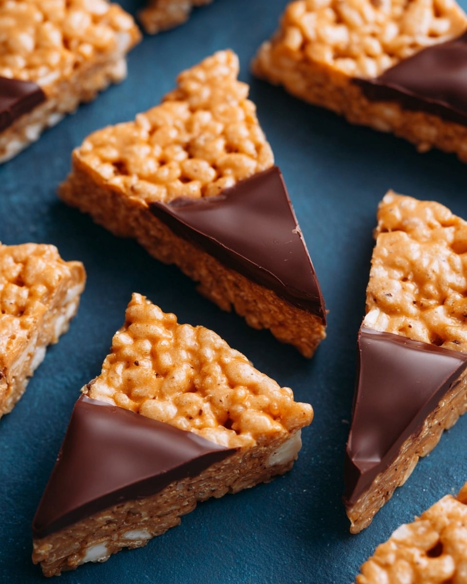 The image shows several triangular rice cereal treats with two layers. The base layer is made of golden orange crispy rice cereal pieces held together with a shiny syrup, giving it a rough texture. Each triangle is topped with a smooth layer of chocolate or creamy white frosting, covering part of the top surface. The chocolate topping is glossy and thick with visible swirls, while the white topping is matte and creamy. The treats lay on a white marbled surface, spaced out so that each piece is separate. Photo taken with an iphone --ar 4:5 --v 7