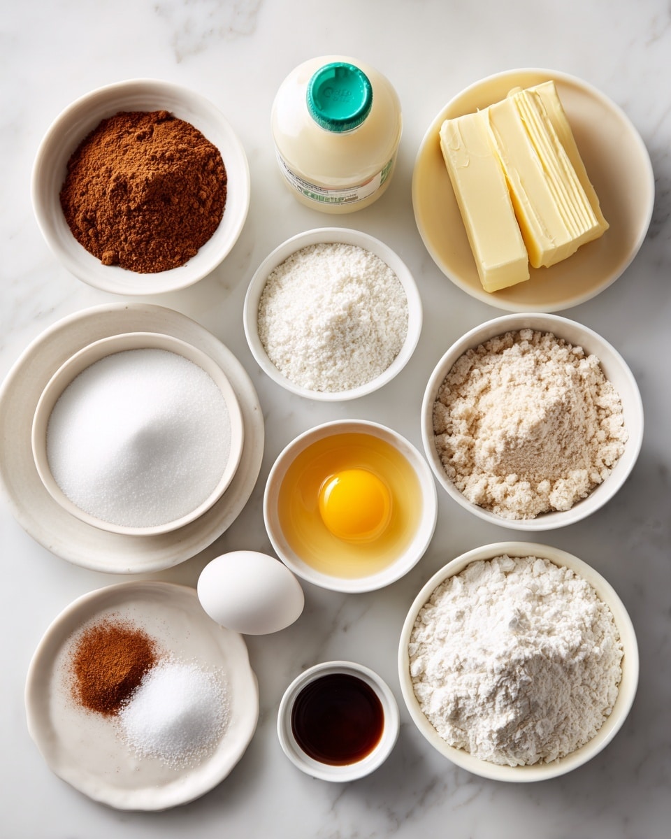 The image shows several white bowls and plates arranged on a white marbled surface, each containing different baking ingredients. In the top left, a white bowl holds a small pile of brown cinnamon powder next to some white sugar. Below it, two sticks of pale yellow butter lie side by side. To the right, a clear bottle of cream of tartar with a green cap is placed upright. Close by, a white bowl is filled with fine white sugar. In the center-left, a white bowl holds a bright yellow egg yolk, while a whole white egg sits next to it. Near the bottom center, a small white dish contains dark brown vanilla extract. Two additional white bowls sit in the bottom corners—one filled with light brown sugar and the other with white flour. A small white plate near the center has small piles of white salt, white baking soda, and brown cinnamon powder arranged side by side. The setup is bright and clean, with all items clearly visible and neatly organized. Photo taken with an iphone --ar 4:5 --v 7