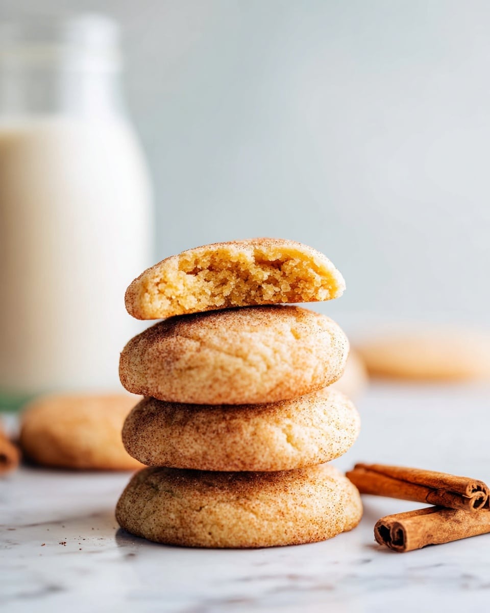 A stack of four round, soft cookies is shown on a white marbled surface, with the top cookie broken in half revealing a moist, crumbly golden inside. The cookies have a light brown color with a slight texture from cinnamon sugar coating. Behind the stack, there is a clear glass bottle filled with milk, slightly out of focus. On the right edge of the image, two cinnamon sticks lay on the white marbled surface. The background is light and blurred, giving a soft, cozy feel. Photo taken with an iphone --ar 4:5 --v 7