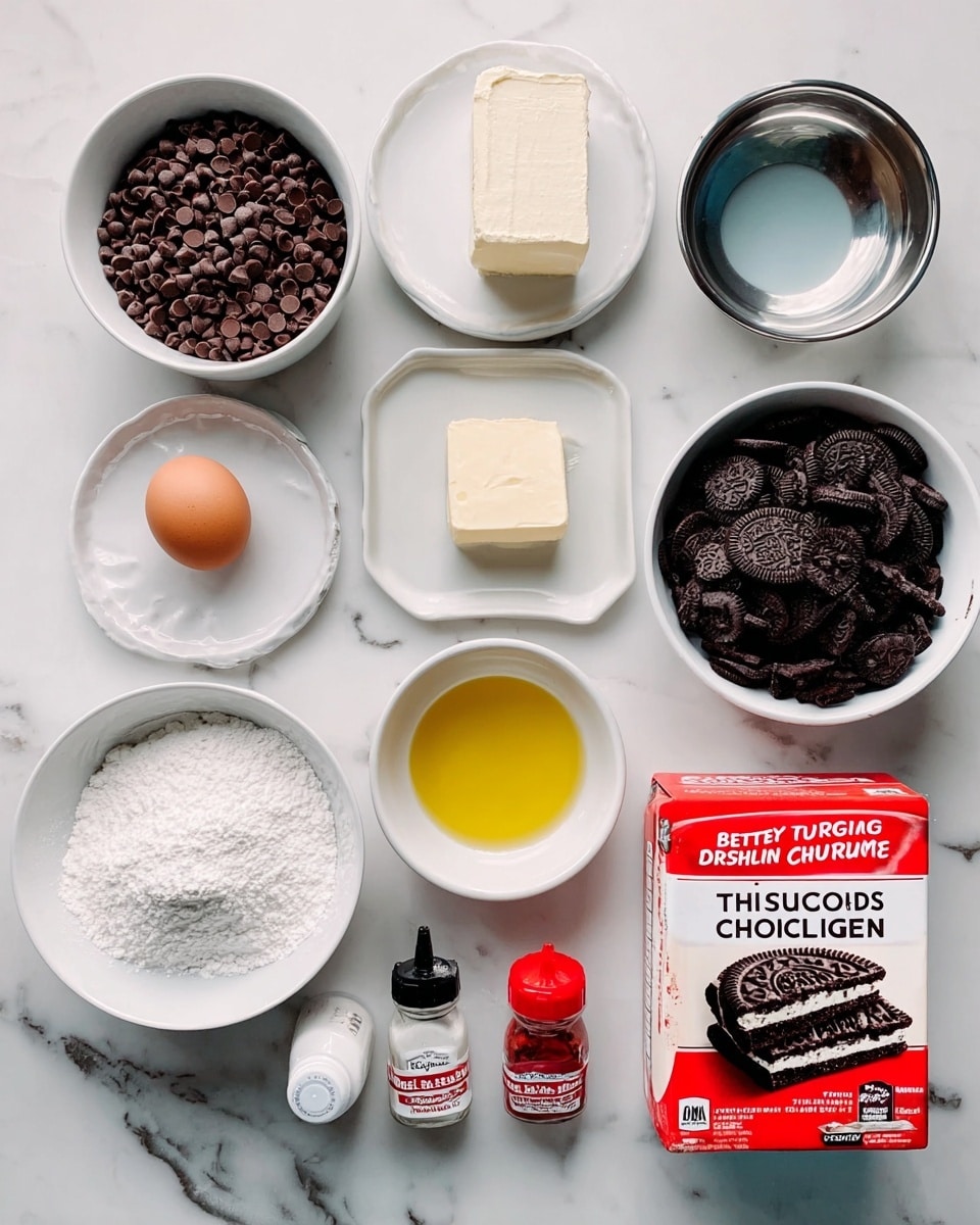 A white marbled surface holds a collection of baking ingredients arranged neatly in white bowls and plates. In the top left, a bowl is filled with dark brown chocolate chips. Next to it is a white jar of coconut oil, lying on its side. A small white plate with a block of cream cheese sits beside the jar. To the right, a small shiny metal bowl with water and another white bowl with light yellow oil are placed. In front of these is a small white bowl holding a whole egg. A red and white box of Betty Crocker Supreme Triple Chunk brownie mix is on the far right. Below the chocolate chips, a small white plate holds a slice of light yellow butter. A tiny white dish with a pinch of white salt and two small bottles, one red food coloring and one dark peppermint extract, are also present. A white bowl filled with crushed black and white Oreo cookies sits next to a large white bowl full of fine white powdered sugar. All items are arranged clearly and spread out on the clean white marbled surface. photo taken with an iphone --ar 4:5 --v 7