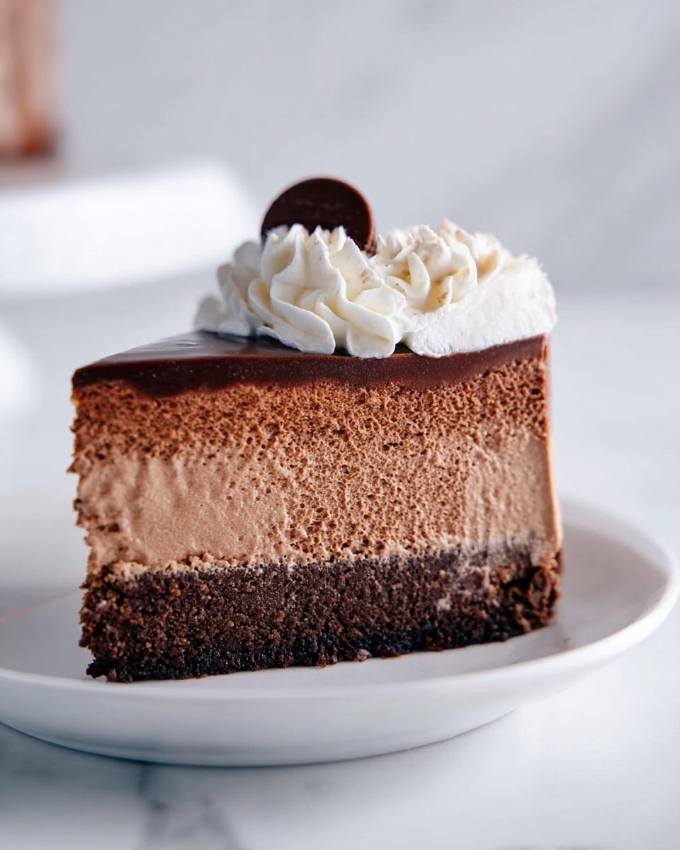 A close-up side view of a three-layer chocolate cheesecake on a white plate, set on a white marbled surface. The bottom layer is a dark, crumbly crust; the middle is a thick, creamy chocolate cheesecake with a slightly airy texture; the top layer is a smooth, glossy dark chocolate ganache. On top, there is a swirl of white whipped cream with a round chocolate decoration placed in the center. Photo taken with an iphone --ar 4:5 --v 7