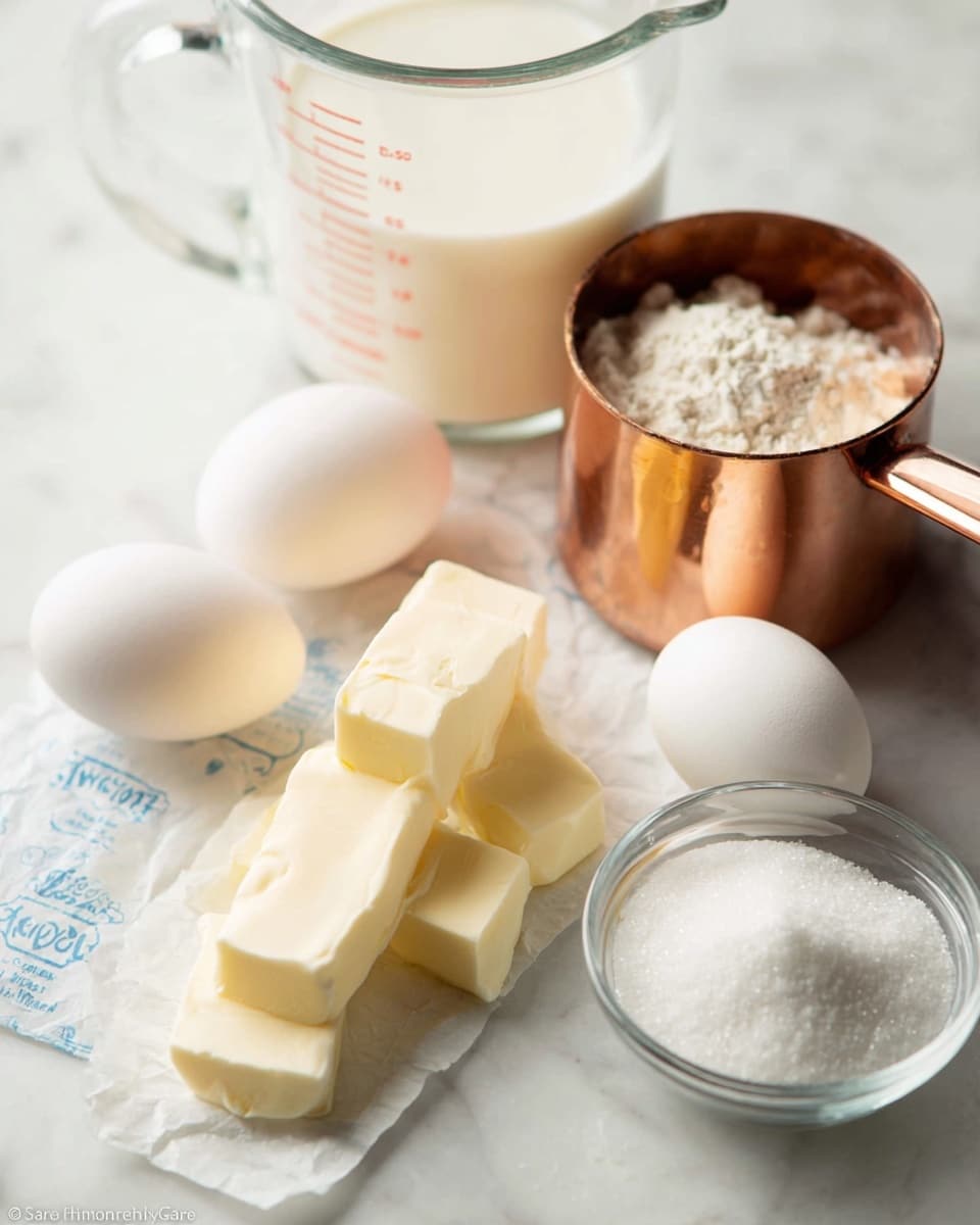 The image shows baking ingredients placed on a white marbled surface. There is a clear glass measuring cup with milk, and next to it is a copper measuring cup filled with white flour. In the foreground, four white eggs are placed around a stick of butter that is partially sliced into cubes and rests on white paper with blue text. A small clear glass bowl with white granulated sugar is also visible in the lower right corner. The arrangement is neat with soft natural light highlighting the smooth textures and soft colors of each ingredient, photo taken with an iphone --ar 4:5 --v 7