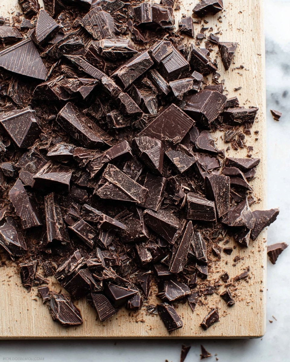 The image shows a thick layer of dark chocolate chunks scattered unevenly on a light brown wooden board, with pieces varying in size from small to medium. The chocolate has a rough texture with some powdery spots and sharp edges. The wooden board sits on a surface with a white marbled texture, creating a clean and bright background. photo taken with an iphone --ar 4:5 --v 7
