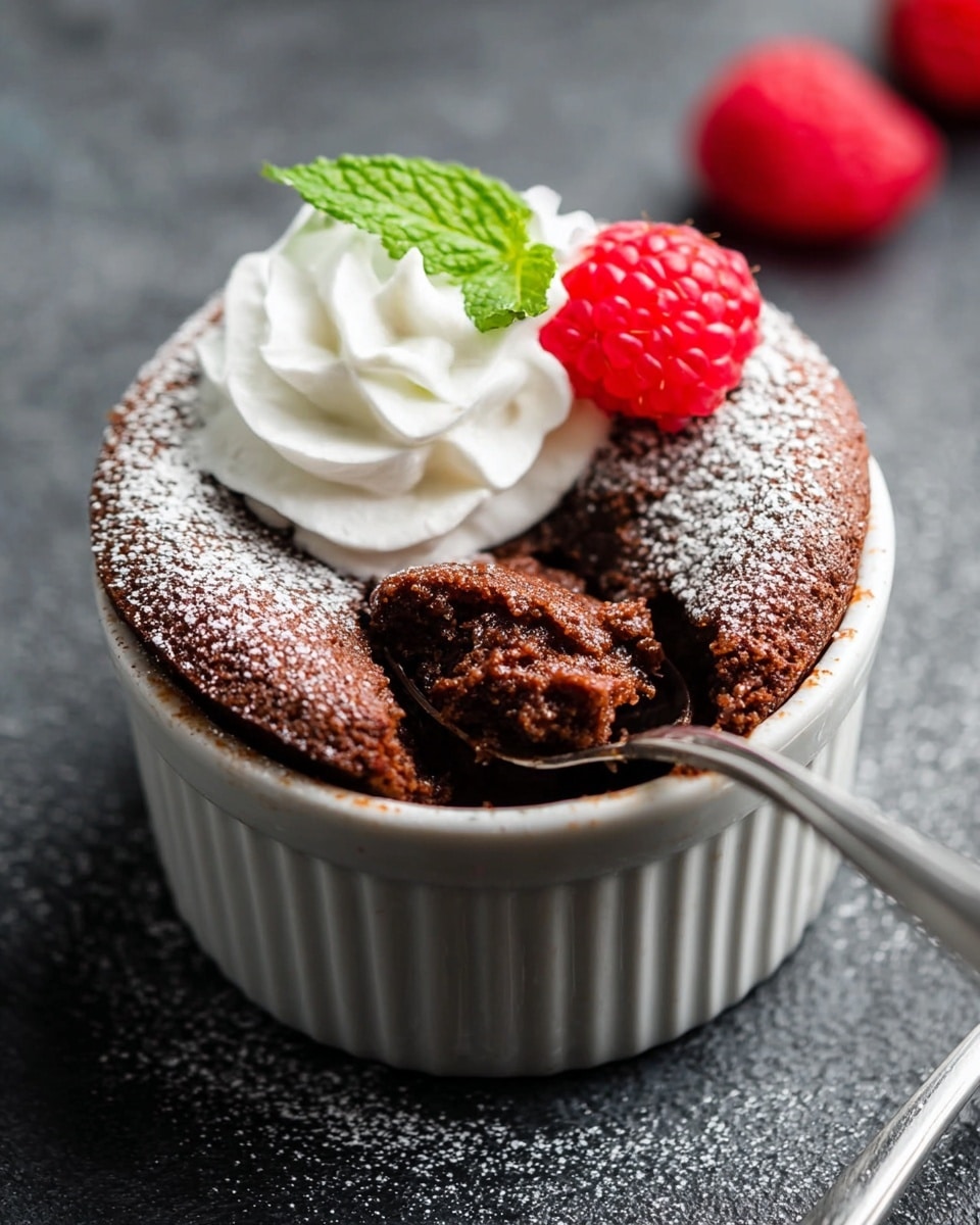 A small white ramekin holds a chocolate souffle with a lightly cracked top dusted with powdered sugar. The souffle is dark brown and fluffy with a soft texture inside where a spoon has scooped out a piece. On top, there is a swirl of white whipped cream decorated with a fresh green mint leaf and a bright red raspberry next to it. The ramekin sits on a dark grey surface with a blurred raspberry in the background. photo taken with an iphone --ar 4:5 --v 7