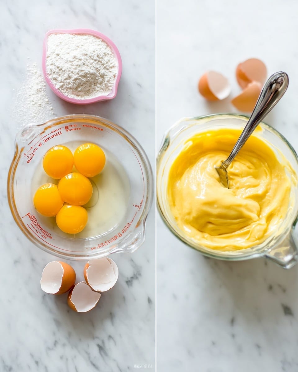 The image shows a side-by-side view of a glass measuring cup on a white marbled surface. On the left side, the cup contains four bright yellow egg yolks, with broken white eggshells and a pink measuring cup filled with white flour below it. On the right side, the same glass measuring cup now holds a smooth, creamy yellow mixture being stirred with a metal fork inside. The white marbled surface reflects soft natural light, highlighting the colors and textures clearly. Photo taken with an iphone --ar 4:5 --v 7