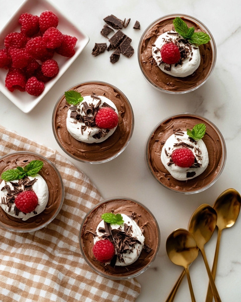 Five glass bowls filled with smooth chocolate mousse topped by a round swirl of white cream on one side, two fresh red raspberries, small green mint leaves, and thin dark chocolate curls scattered on top. The bowls are placed on a white marbled surface with a beige and white checkered cloth to the side, holding a small white square dish filled with raspberries and a white bowl with dark chocolate curls in the upper left corner. Four gold spoons rest together on the right side. The overall scene is bright and inviting, showing the creamy texture of the mousse and fresh fruit accents clearly. photo taken with an iphone --ar 4:5 --v 7