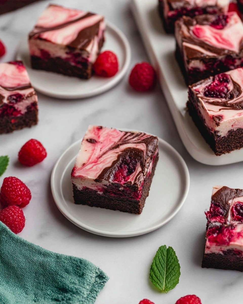 The image shows multiple square chocolate brownies with swirls of pink and dark red berry sauce on top, placed on small white plates and a white tray. Each brownie has a marbled pattern with smooth, creamy pink areas mixed with rich, glossy red berry patches and dark chocolate streaks. Fresh raspberries are scattered around the plates and on the white marbled surface, adding a bright red contrast. There is a green cloth napkin on the bottom left corner and a small mint leaf on the right side, enhancing the fresh and vibrant look. Photo taken with an iphone --ar 4:5 --v 7
