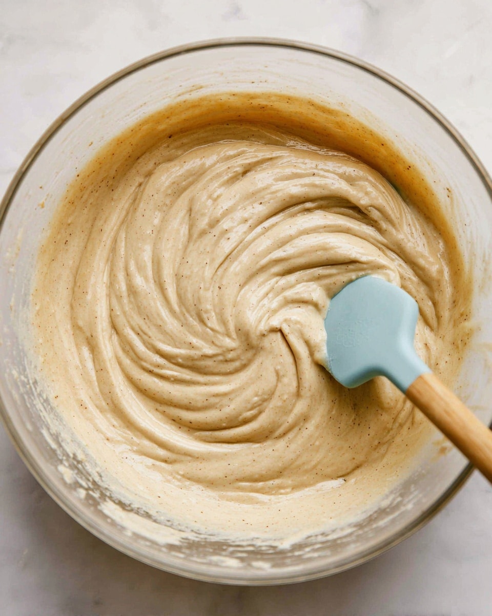 A close-up view of a thick, creamy batter with a light beige color and small darker specks evenly mixed throughout. The batter is swirled smoothly inside a clear glass bowl, showing its soft texture. A light blue silicone spatula with a wooden handle is partially dipped into the batter on the right side, creating gentle swirls and holding some batter on its blade. The bowl sits on a white marbled surface. photo taken with an iphone --ar 4:5 --v 7