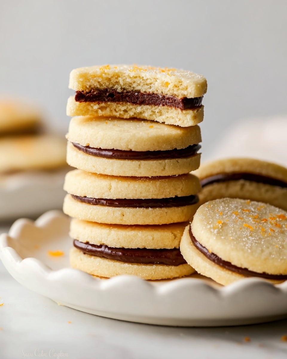 A stack of four light beige sandwich cookies with a visible dark brown chocolate filling between two soft round cookie layers stands on a white plate with a scalloped edge, while one cookie with a bite taken out of it rests on top of the stack, showing the crumbly texture of the cookie and the smooth chocolate layer inside. Around the plate, a few more cookies lie flat, displaying the same two-layer look with slightly sprinkled sugar and small orange zest bits on the top cookie surfaces. The setting has a clean look with a white marbled background. photo taken with an iphone --ar 4:5 --v 7