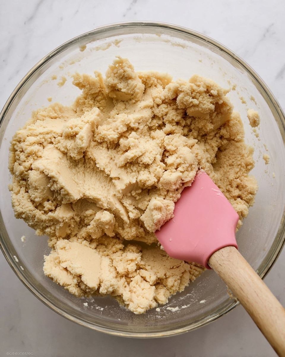 The image shows a clear glass mixing bowl filled with a thick, crumbly dough that is light beige in color. A pink silicone spatula with a wooden handle is partially pushed into the dough on the right side, showing the texture clearly with small lumps and a slightly rough surface. The dough looks soft but firm enough to hold its shape in clumps, and the bowl sits on a white marbled surface. Photo taken with an iphone --ar 4:5 --v 7