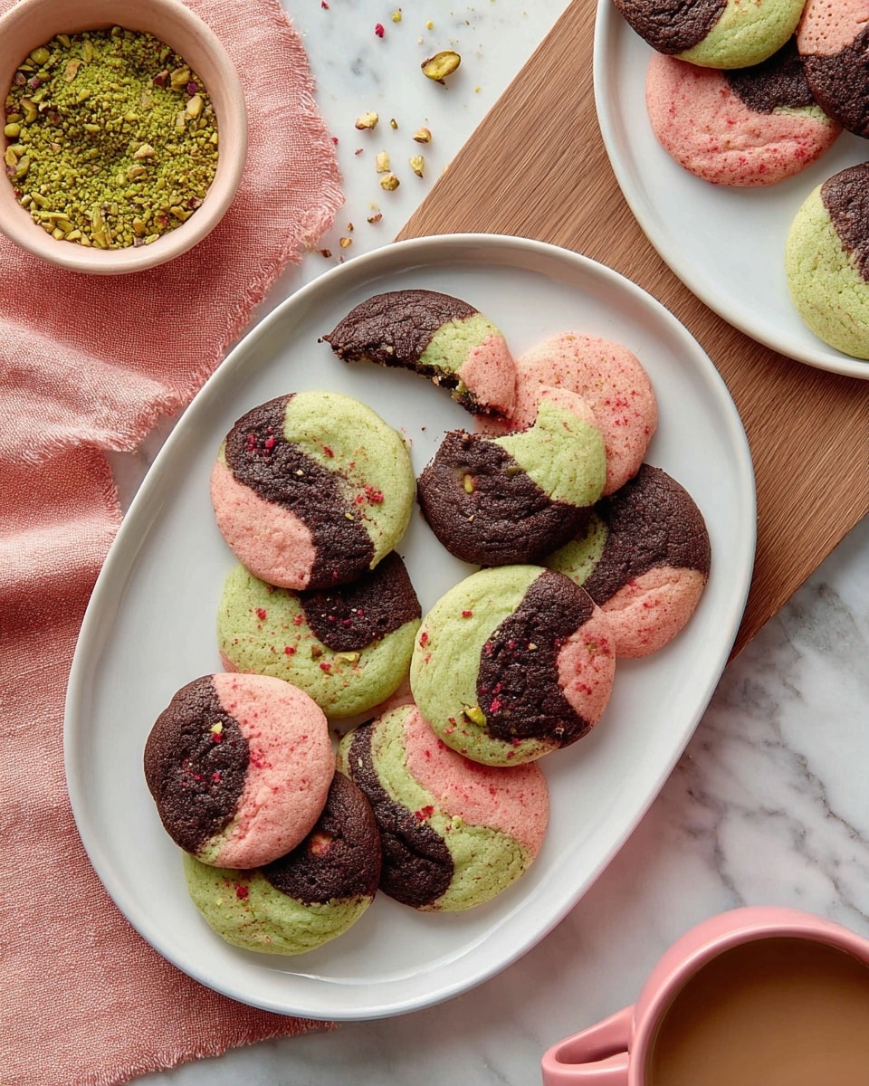 A white oval plate holds nine round cookies with a mix of three colors on each cookie: dark brown, light green, and soft pink, unevenly swirled together with small specks of red. One cookie near the top of the plate is broken in half, showing a soft inside. A white plate with similar cookies sits nearby on a wooden surface covered partly by a soft pink cloth. A small round bowl filled with crushed green pistachios is in the upper left corner, while a pink coffee mug with a light brown drink is in the lower right corner. The background has a white marbled texture. Photo taken with an iphone --ar 4:5 --v 7