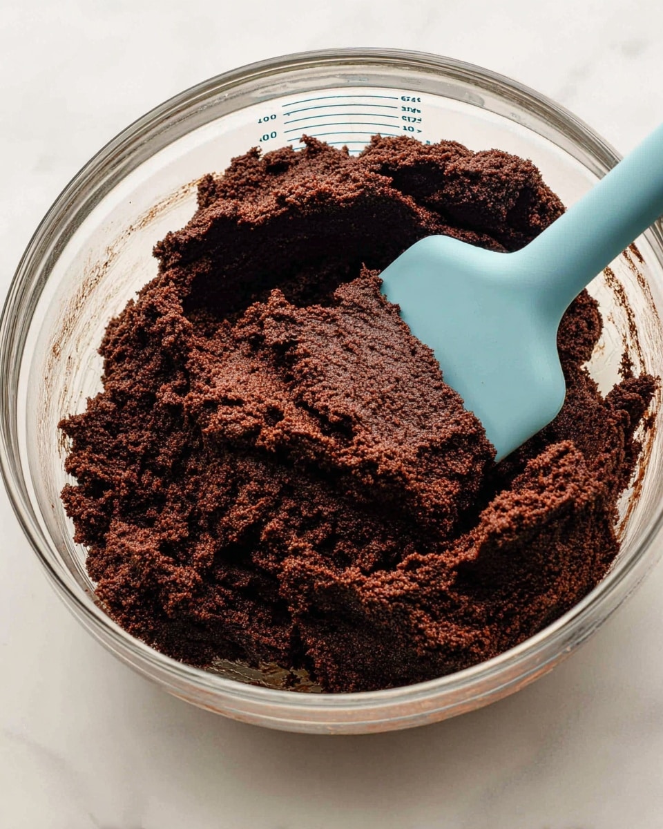 A close-up view of a thick, chocolatey dough with a rough, grainy texture inside a clear glass mixing bowl on a white marbled surface. The dough is dark brown and dense, with texture variations showing soft and slightly crumbly parts. A light blue spatula with a smooth, rubbery surface is partially buried in the dough, slightly lifting and molding it. The glass bowl has measurement markings visible on the sides, adding detail to the scene. photo taken with an iphone --ar 4:5 --v 7