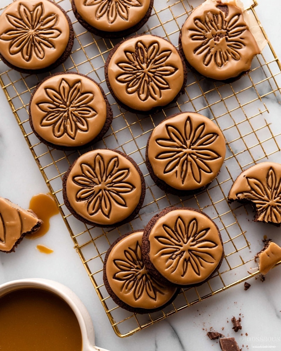 Round cookies with two layers, a dark brown base and a smooth top layer covered in caramel-colored icing. Each cookie has a detailed flower pattern with eight petals etched in the icing, showing the darker layer underneath. The cookies are arranged on a gold-colored wire cooling rack placed on a white marbled surface. In the top right corner, one cookie is bitten, showing the inside texture. There are some chocolate crumbs scattered near the cookies. A white bowl with caramel-colored sauce is partly visible in the bottom left corner. The photo taken with an iphone --ar 4:5 --v 7