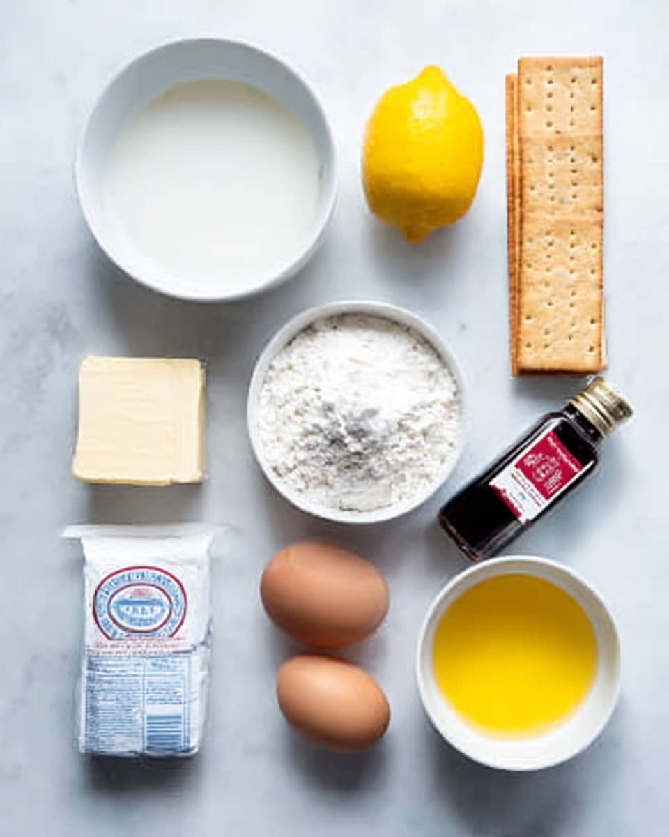 A white marble surface shows ingredients arranged neatly: a white bowl of white liquid in the top left, a yellow lemon at the top center, two rectangular crackers stacked vertically below the lemon, and a small dark bottle with a red and white label to the right of the crackers. Below these, from left to right, there is a white rectangular package beside a round white container with a blue and red label, two brown eggs positioned side by side, a small white bowl filled with white flour, and a small white bowl with melted yellow butter. Photo taken with an iphone --ar 4:5 --v 7