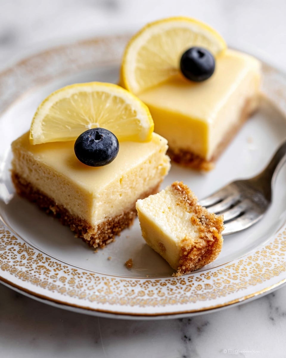 The image shows two square lemon cheesecake bars on a white plate with a gold pattern around the edge. Each bar has two layers: the bottom is a thick, crumbly light brown crust, and the top is a smooth, creamy light yellow cheesecake layer. One bar is topped with a thin lemon wedge and a single blueberry, while the other bar has a lemon wedge on it. A fork is holding a small piece of the bar at the edge of the plate, showing the creamy texture of the cheesecake and the crumbly crust. The plate sits on a white marbled surface. Photo taken with an iphone --ar 4:5 --v 7