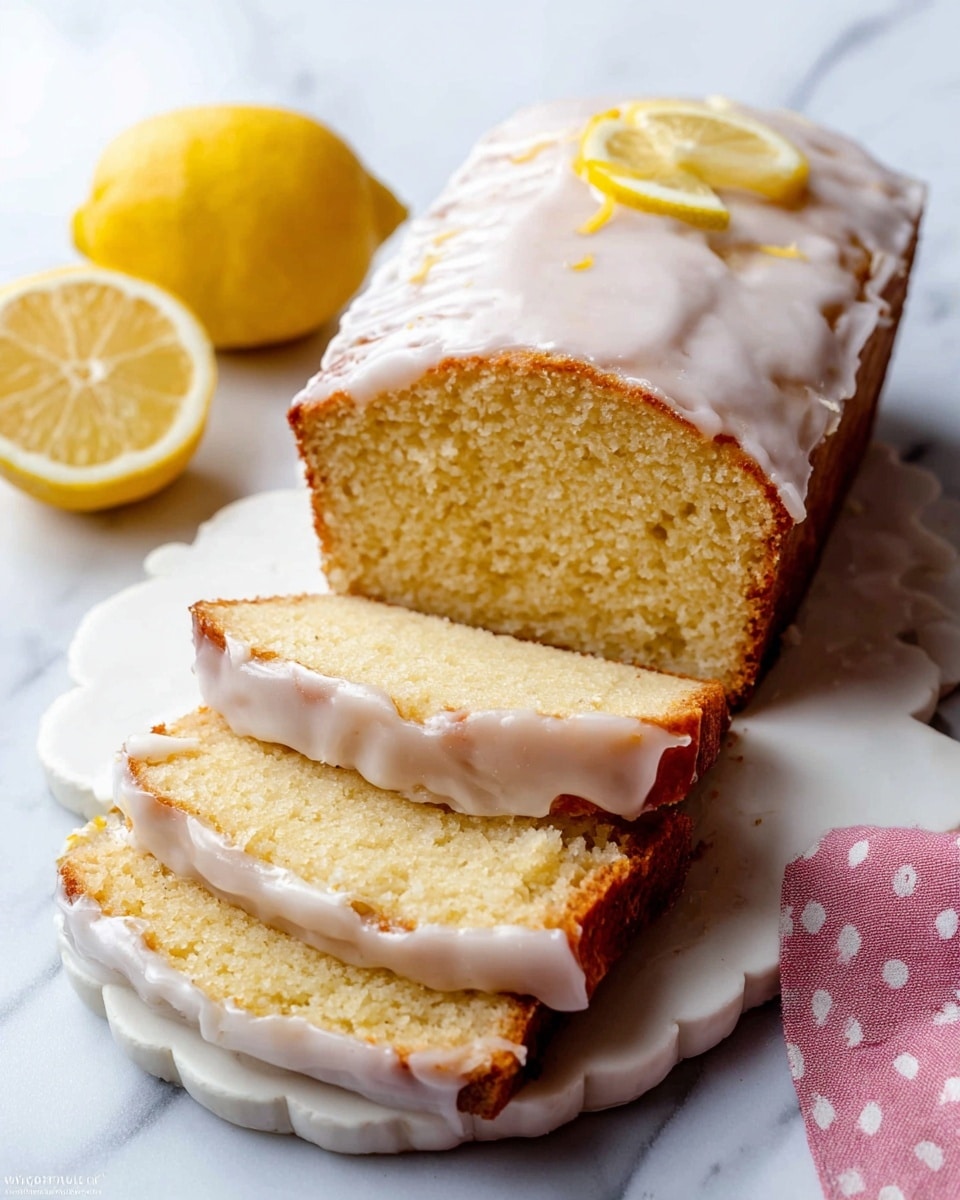 The image shows a lemon loaf cake with three slices cut and slightly fanned out in front of the main loaf. The cake has a light yellow color with a moist, soft texture inside. On top, there is a thick, white glaze smoothly spread, covering the entire loaf and dripping down the edges of each slice. Two whole lemons, one cut in half showing its juicy inside, are placed on the left side of the cake. The cake and lemons sit on a round white plate with a scalloped edge, which is on a white marbled surface. A pink cloth with white dots is partially visible on the bottom right corner. Photo taken with an iphone --ar 4:5 --v 7